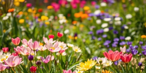 Fototapeta premium Vibrant yellow daffodil flowers blooming in a vast field under the bright sun, sunny day, fresh