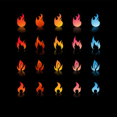 Fototapeta premium 25 fire icons with varying gradients and shapes in colors ranging from red, orange, yellow, pink, to blue for Game Development Elements, Graphic Design, Animation and Video.