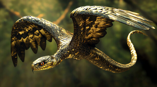 A mythical creature with the body of a snake and eagle wings soaring through a lush forest at sunset