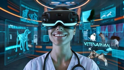 A smiling woman in a lab coat uses virtual reality technology in a veterinary setting. - Powered by Adobe