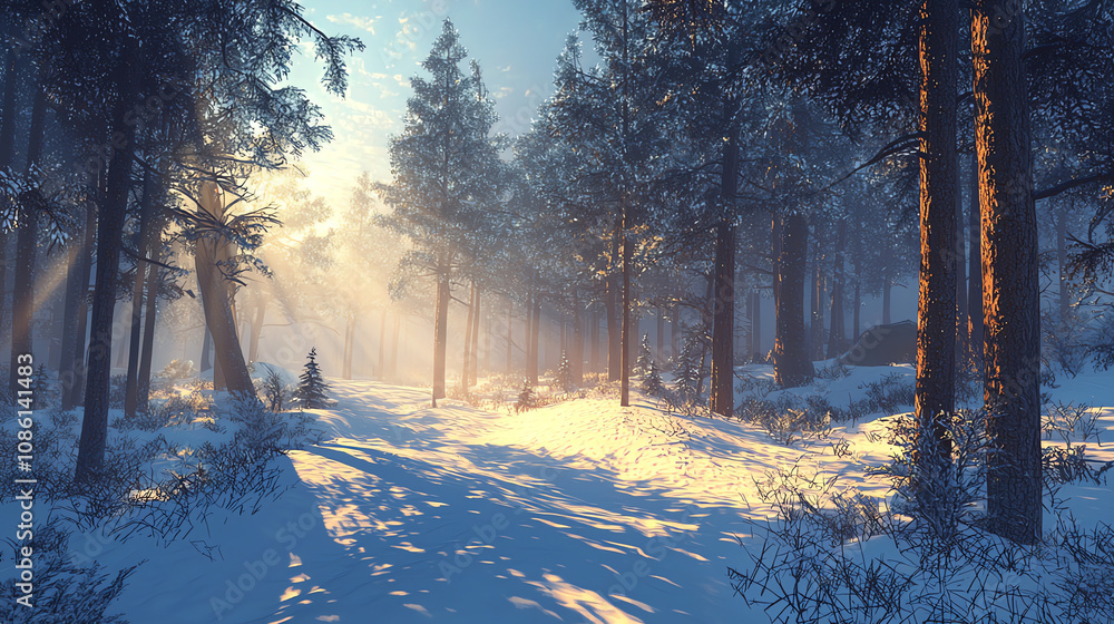 Poster sunlight streams through a snowy pine forest creating a tranquil winter landscape at dawn