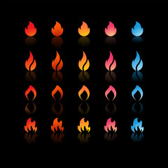 25 fire icons with varying gradients and shapes in colors ranging from red, orange, yellow, pink, to blue for Game Development Elements, Graphic Design, Animation and Video.