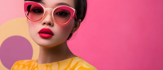 Stylish Woman in Pink Sunglasses Posing Against Vibrant Pink and Yellow Background