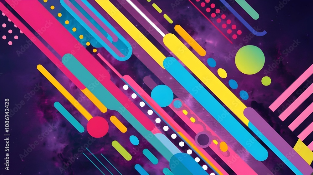 Poster vibrant abstract design featuring bold geometric shapes and dynamic lines in vivid colors against a 