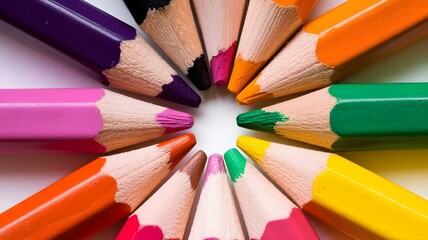 Fototapeta premium Vibrant Close-Up of Colorful Pencils Arranged in a Circular Pattern, Showcasing Rich Hues Perfect for Art and Creative Projects