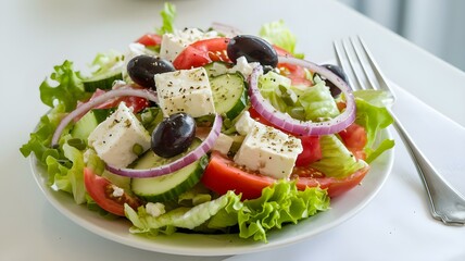 Fresh and Colorful Greek Salad Featuring Crisp Lettuce, Tomatoes, Cucumbers, Red Onions, Olives, and Feta Cheese, Perfect for Healthy Eating and Mediterranean Cuisine