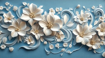 Delicate white flowers with golden accents are artistically arranged against a textured blue background, creating a serene and elegant aesthetic, Ideal for invitations, decor, and branding,