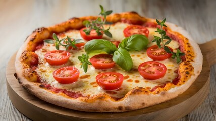 Delicious Margherita Pizza Topped with Fresh Basil and Juicy Tomatoes, Showcasing a Perfectly Baked Crust Ideal for Culinary and Food Photography