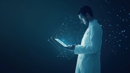 A doctor in a white coat is focused on a digital device, exploring data and conducting research in a dark laboratory setting. Generative AI