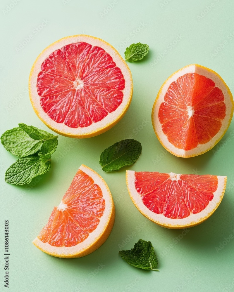 Poster colorful citrus composition with fresh mint on a soft green surface for a refreshing look
