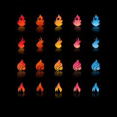 25 fire icons with varying gradients and shapes in colors ranging from red, orange, yellow, pink, to blue for Game Development Elements, Graphic Design, Animation and Video.