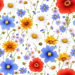 Obraz premium Vibrant Wildflower Meadow With Poppies, Daisies, Sunflowers, and Buzzing Bees in Nature's Palette