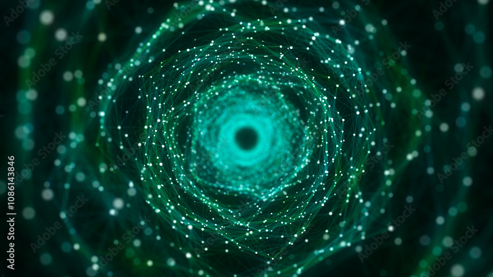 Poster Abstract 3d portal. Tunnel or wormhole. Digital background with connected green dots. 3d rendering.