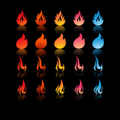 25 fire icons with varying gradients and shapes in colors ranging from red, orange, yellow, pink, to blue for Game Development Elements, Graphic Design, Animation and Video.