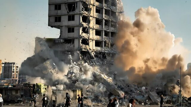 A large building is collapsing with debris and dust exploding outward from the structure in a controlled demolition scene
