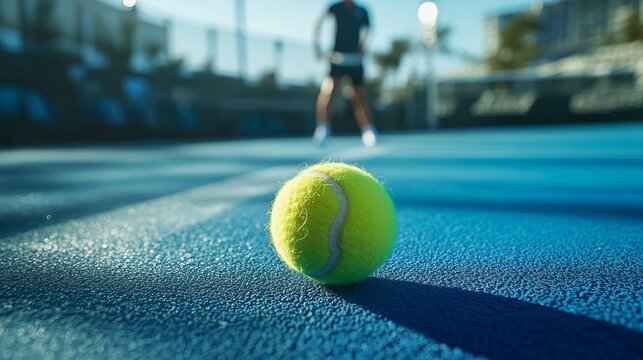Bright yellow tennis ball resting on blue court, silhouetted tennis player behind. The vibrant scene of a yellow tennis ball on a blue hardcourt with a blurred player in action.