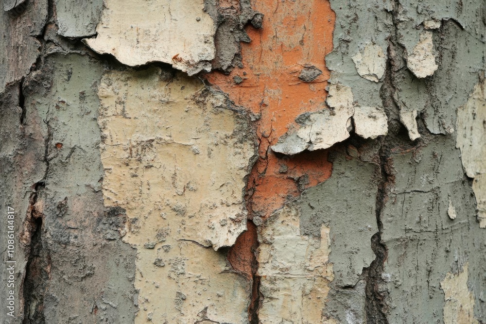 Poster closeup of a tree bark with peeling layers of color