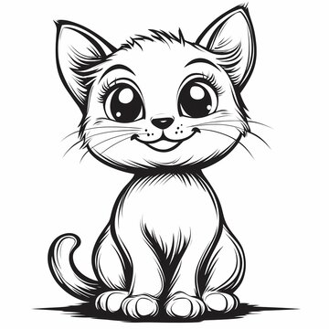recommend clip art: Kids coloring page with a cat, black and white, simple line art style