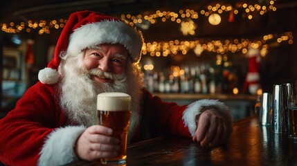 Jolly Santa Claus enjoys a beer at a festive bar.