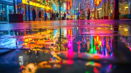 Obraz premium A puddle reflects the colorful lights of a bustling city street at night.
