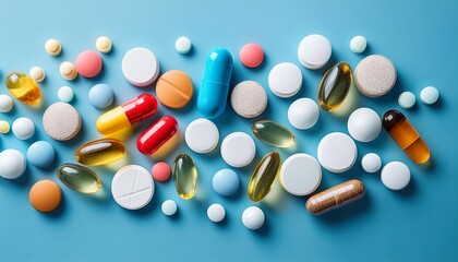 assorted pills and capsules on light blue background