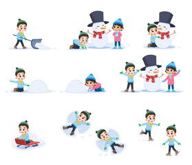 Winter Happy Kid Playing Illustration Set