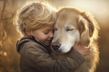 Child hugging a dog