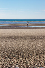 A landscape of a virgin beach and some people hanging out on a sunny day.