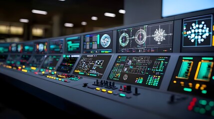 Futuristic Control Room Interface Technology Monitoring Data Screens Dashboard Network System