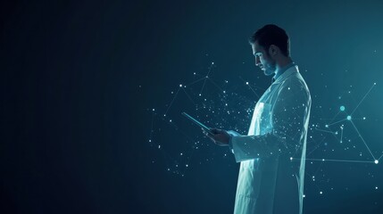 A doctor wearing a white coat reviews information on a tablet, surrounded by a dark background and glowing digital elements. Generative AI