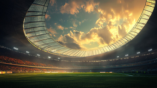 Majestic open-roof sports stadium at sunset with vibrant clouds and cheering crowd creating a thrilling atmosphere