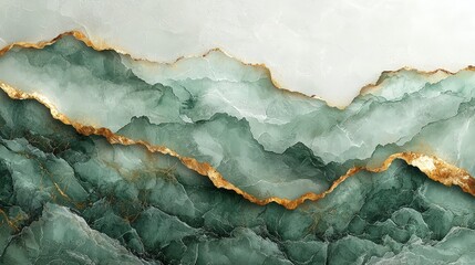 Abstract design featuring layered green and gold textures resembling natural stone.