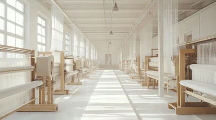 A long, white hallway lined with rows of weaving looms in a textile factory.