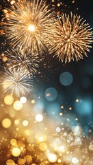 Golden fireworks and sparkling bokeh on dark background for festive celebrations
