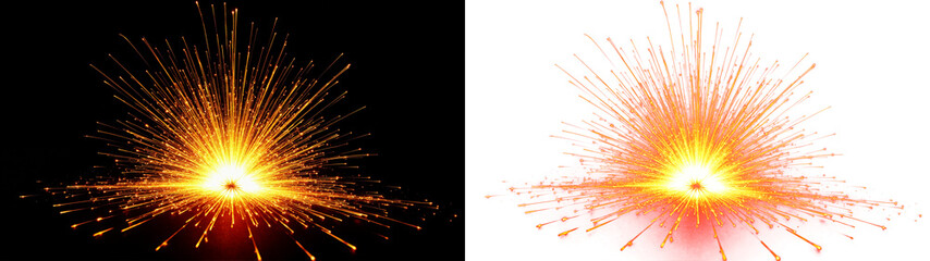 a bright, glowing explosion of light particles radiating from a central center, resembling a starburst, on black or transparent alpha background