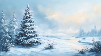 Fototapeta premium Snowy Winter Landscape with Pine Trees