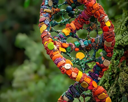 Abstract DNA helix made from recycled materials, evolution of sustainability, environmental science