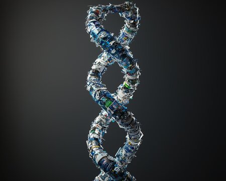 Abstract DNA helix made from recycled materials, evolution of sustainability, environmental science
