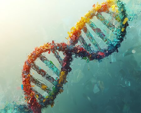 Abstract DNA helix made from recycled materials, evolution of sustainability, environmental science