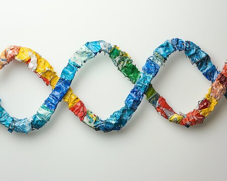 Abstract DNA helix made from recycled materials, evolution of sustainability, environmental science