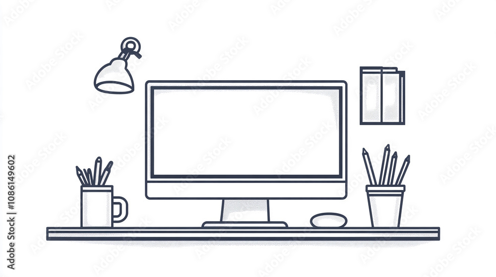 Poster a simple line drawing of a modern office desk setup featuring a computer monitor, pencils, a mug, an