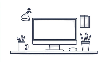 A simple line drawing of a modern office desk setup featuring a computer monitor, pencils, a mug, and a lamp