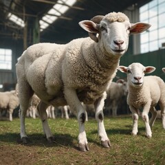 Obraz premium Countryside view with sheeps. Rural nature animals farm.