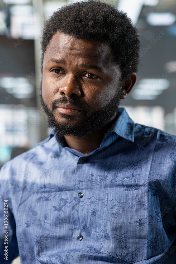 Poster system administrator doing software quality assurance, writing source code on computer. african amer