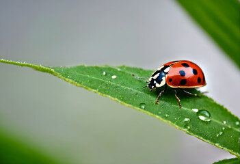 Fototapeta premium Ladybird on green leaf