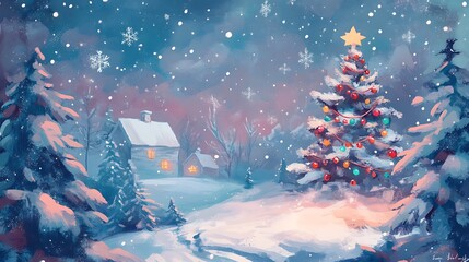 Snowy Christmas Scene with Cozy Cabin and Decorated Tree. Festive Winter Landscape.