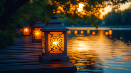 Naklejka premium Softly glowing lanterns float on the still waters of a lakeside during a serene festival night creating a magical and peaceful atmosphere