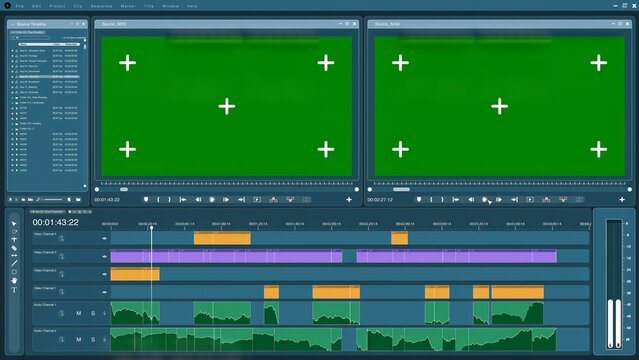 Video editor software interface used for masking clips over green screens during media production. Filmmaking application UI showing mockup chroma key footage being modified