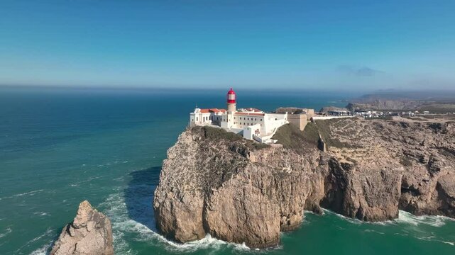 Aerial video of the Cabo de Sao Vicente fort and lighthouse. Algarve, Portugal