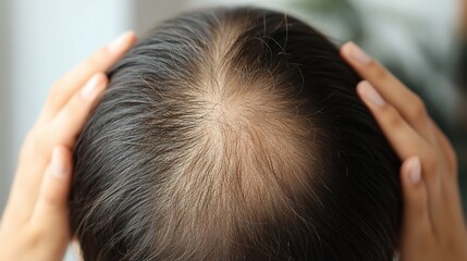 Close-up view of thinning hair on a person's scalp.
